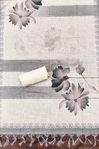 grey floral print linen cotton unstitched dress material 