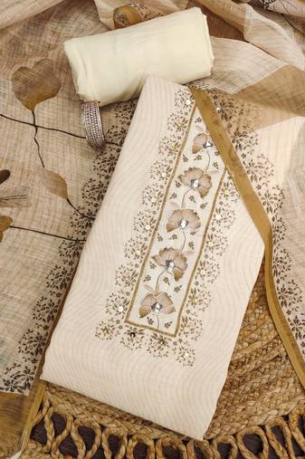 beige floral print linen cotton unstitched dress material 