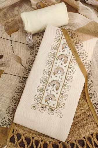 beige floral print linen cotton unstitched dress material 
