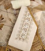 beige floral print linen cotton unstitched dress material 