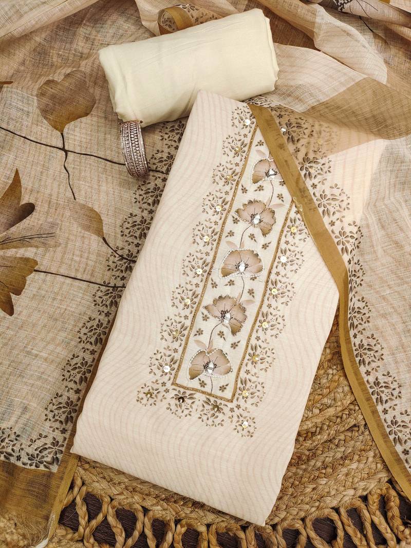 beige floral print linen cotton unstitched dress material 