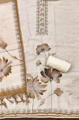 beige floral print linen cotton unstitched dress material 