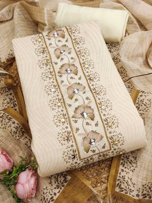 beige floral print linen cotton unstitched dress material  3