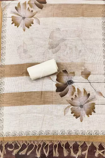 beige floral print linen cotton unstitched dress material 