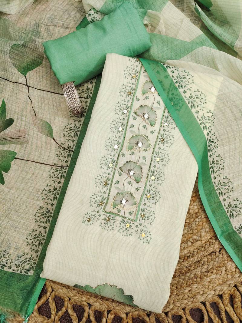 green floral print linen cotton unstitched dress material 