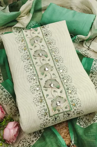 green floral print linen cotton unstitched dress material 