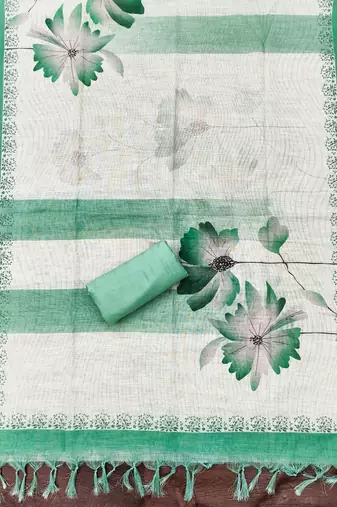 green floral print linen cotton unstitched dress material 