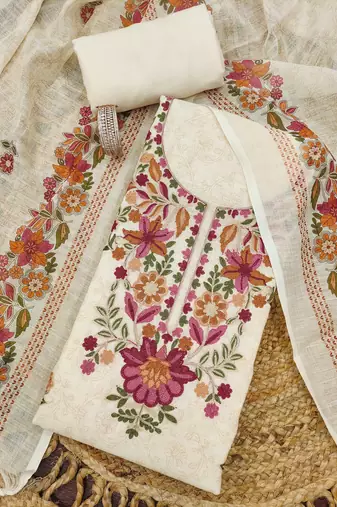 cream floral print linen cotton unstitched dress material 