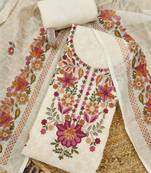 cream floral print linen cotton unstitched dress material 
