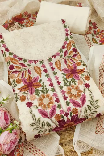 cream floral print linen cotton unstitched dress material 