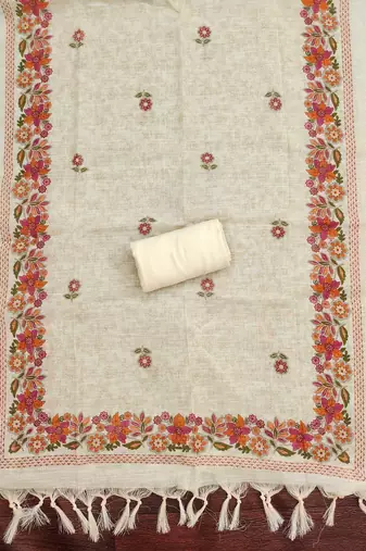 cream floral print linen cotton unstitched dress material 