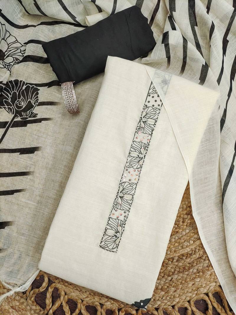 cream floral print linen cotton unstitched dress material 