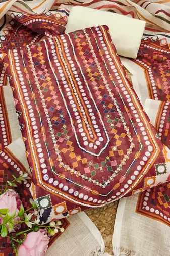multicolor geometric print linen cotton unstitched dress material 