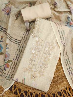 cream floral print linen cotton unstitched dress material  1