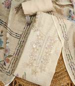cream floral print linen cotton unstitched dress material 