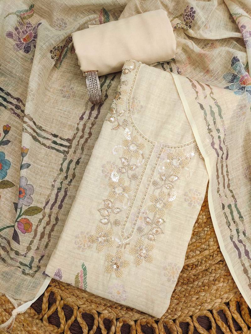 cream floral print linen cotton unstitched dress material 