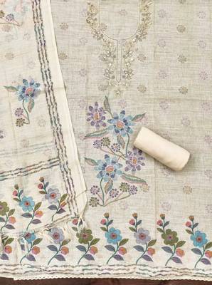 cream floral print linen cotton unstitched dress material  2