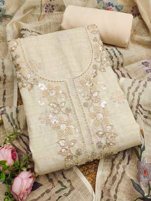 cream floral print linen cotton unstitched dress material  3