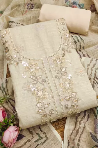 cream floral print linen cotton unstitched dress material 