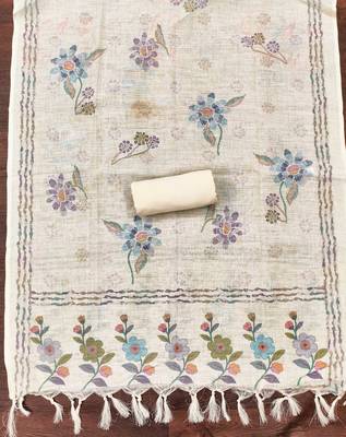 cream floral print linen cotton unstitched dress material  4