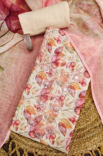 pink digital print linen cotton unstitched dress material 