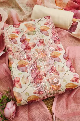 pink digital print linen cotton unstitched dress material 