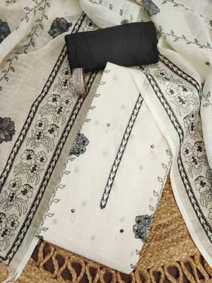 white floral print linen cotton unstitched dress material  1