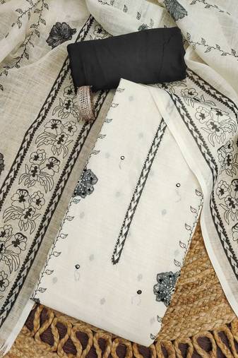 white floral print linen cotton unstitched dress material 