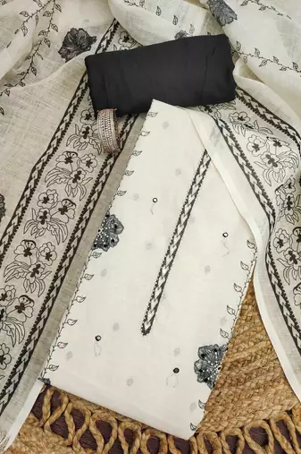 white floral print linen cotton unstitched dress material 