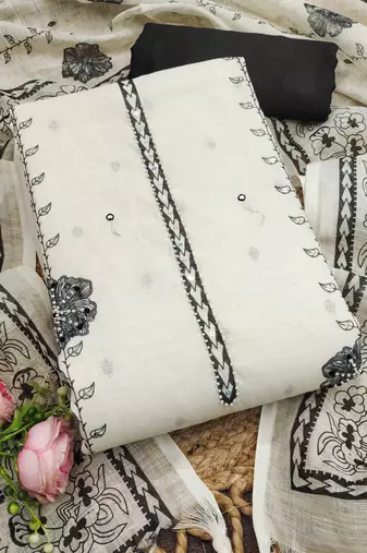white floral print linen cotton unstitched dress material 