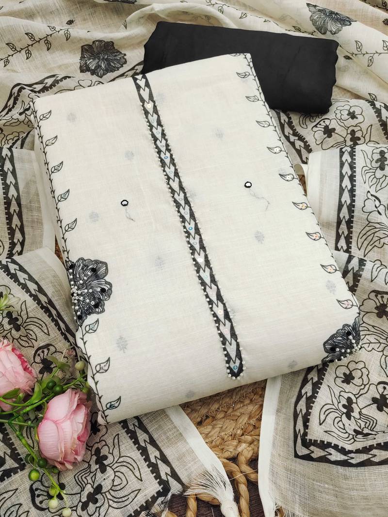white floral print linen cotton unstitched dress material 
