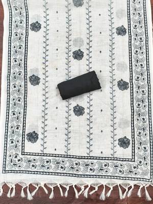 white floral print linen cotton unstitched dress material  4