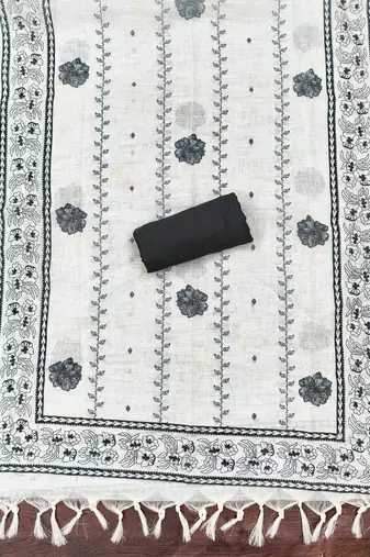 white floral print linen cotton unstitched dress material 