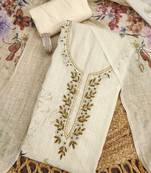 cream floral print linen cotton unstitched dress material 