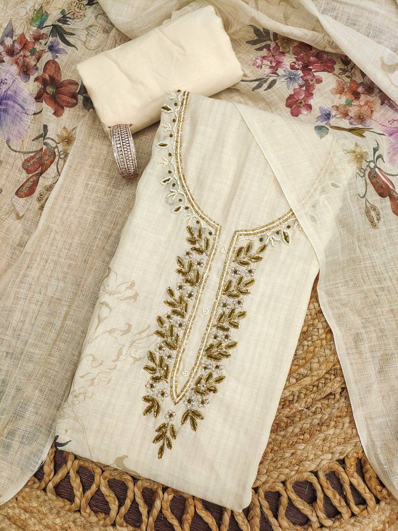 cream floral print linen cotton unstitched dress material 