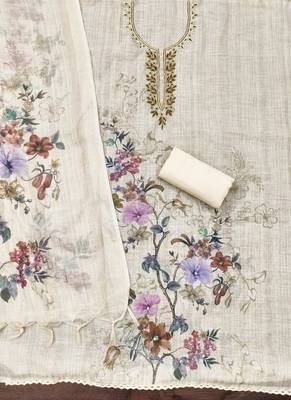 cream floral print linen cotton unstitched dress material  2