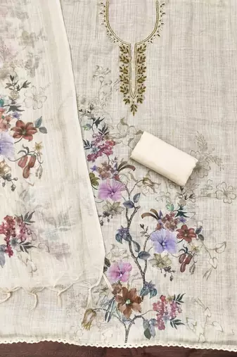 cream floral print linen cotton unstitched dress material 