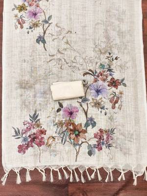 cream floral print linen cotton unstitched dress material  4