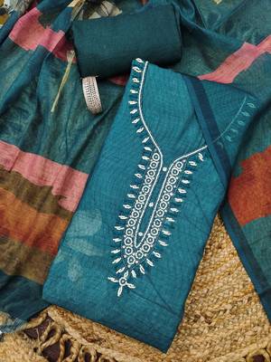 teal blue floral print linen cotton unstitched dress material  1