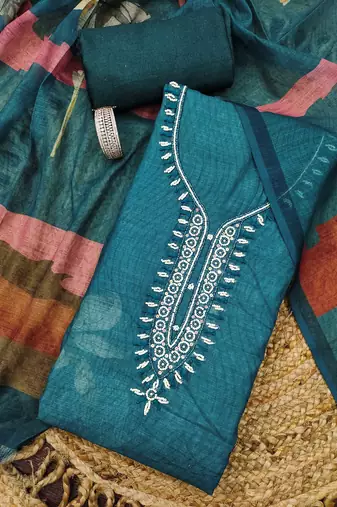 teal blue floral print linen cotton unstitched dress material 