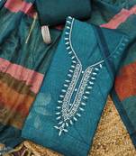 teal blue floral print linen cotton unstitched dress material 