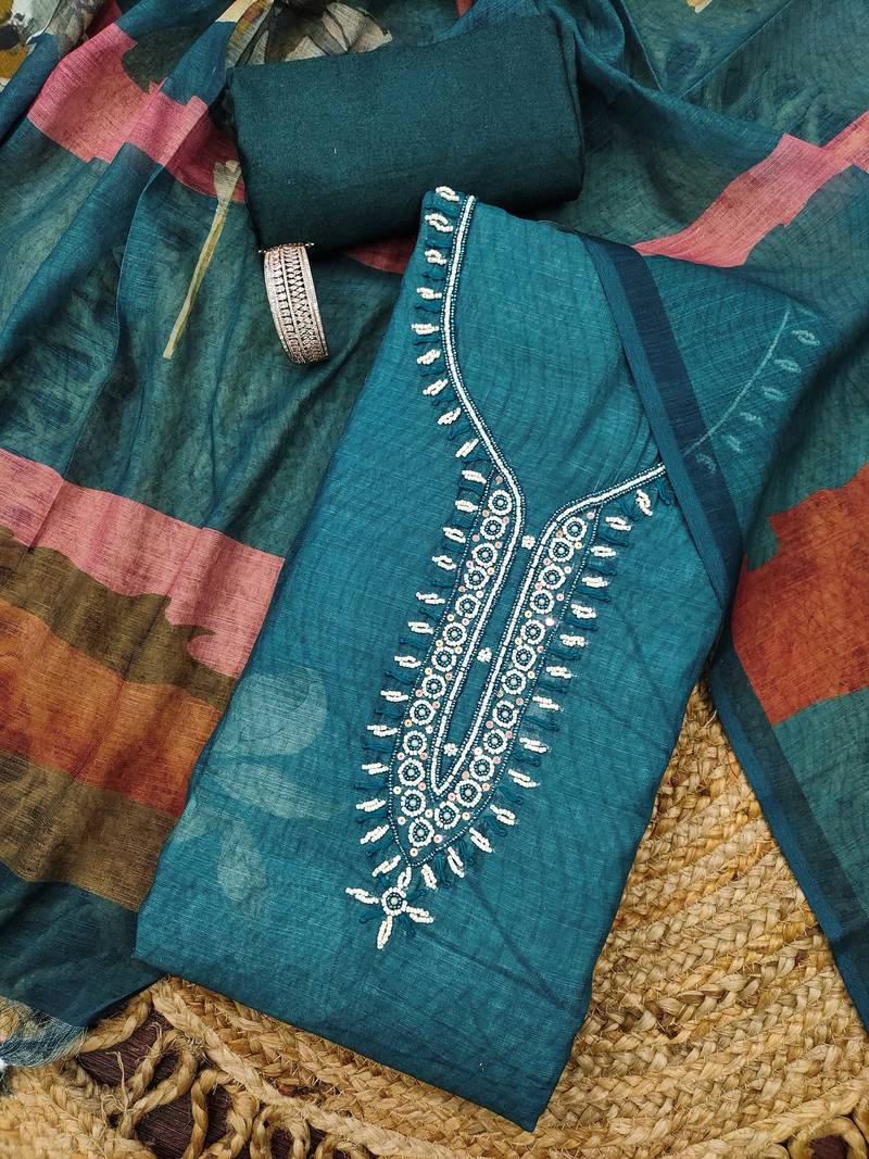 teal blue floral print linen cotton unstitched dress material 