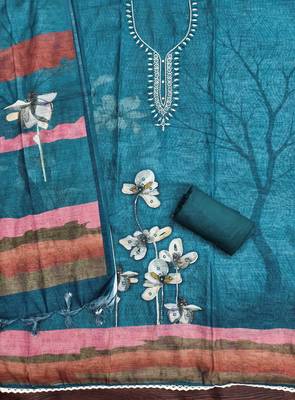 teal blue floral print linen cotton unstitched dress material  2