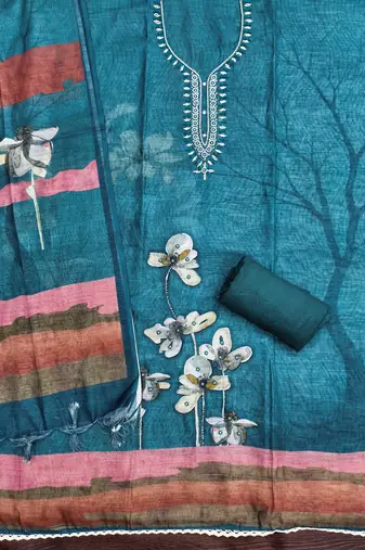 teal blue floral print linen cotton unstitched dress material 