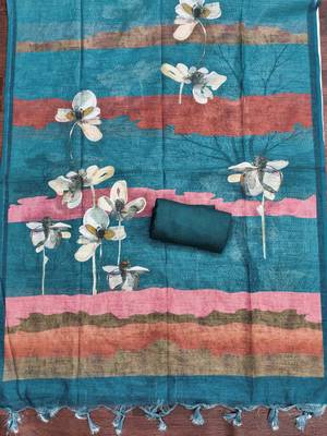 teal blue floral print linen cotton unstitched dress material  4