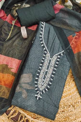 charcoal grey floral print linen cotton unstitched dress material 
