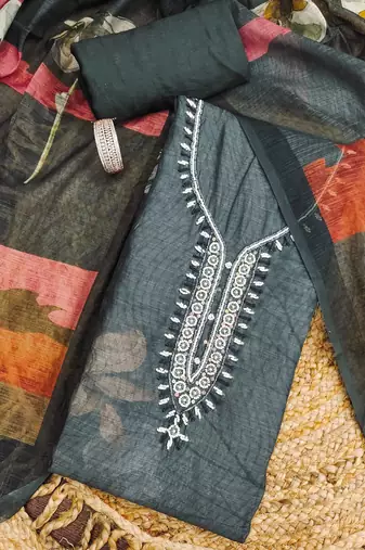 charcoal grey floral print linen cotton unstitched dress material 