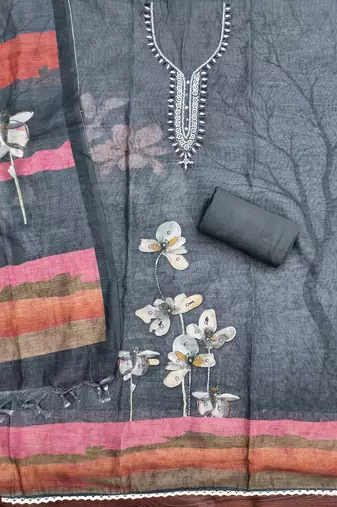 charcoal grey floral print linen cotton unstitched dress material 