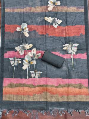 charcoal grey floral print linen cotton unstitched dress material  4