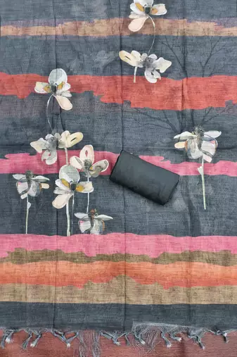 charcoal grey floral print linen cotton unstitched dress material 
